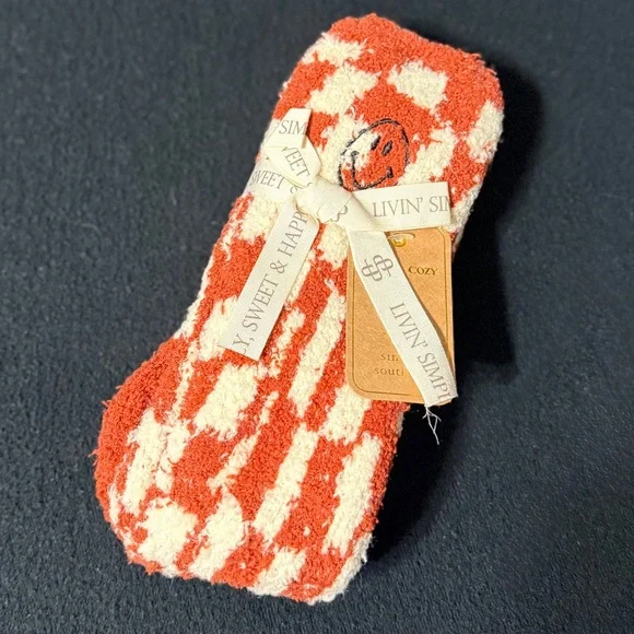 Simply Southern Cozy Red and White Checkered Fuzzy Socks with a Smiley Face - Picture 2 of 5